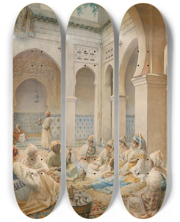 Triptych art skateboard deck of Federico Bartolini Musicians In The Courtyard by Federico Bartolini (1861-1908)