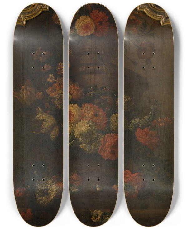 Triptych art skateboard deck of Pieter Casteels Iii Flowers In A Vase by Pieter Casteels Ii (1684-1749)