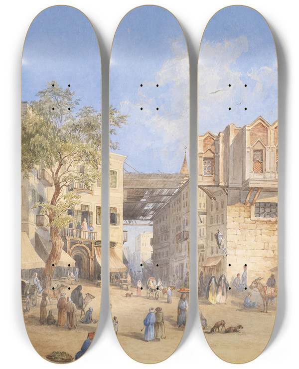 Triptych art skateboard deck of Georg Geyer Nordafrikanische Stadt by Georg Geyer (1823-1912)