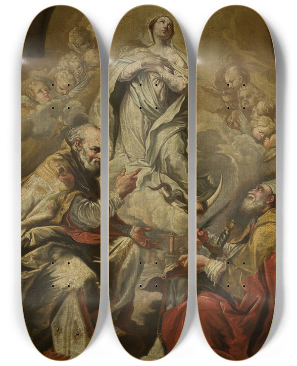 Triptych art skateboard deck of Giovanni Antonio Burrini Adoration Of Virgin Mary By St Petronius And Dionysius The Areopagite by Giovanni Antonio Burrini (1656-1727)