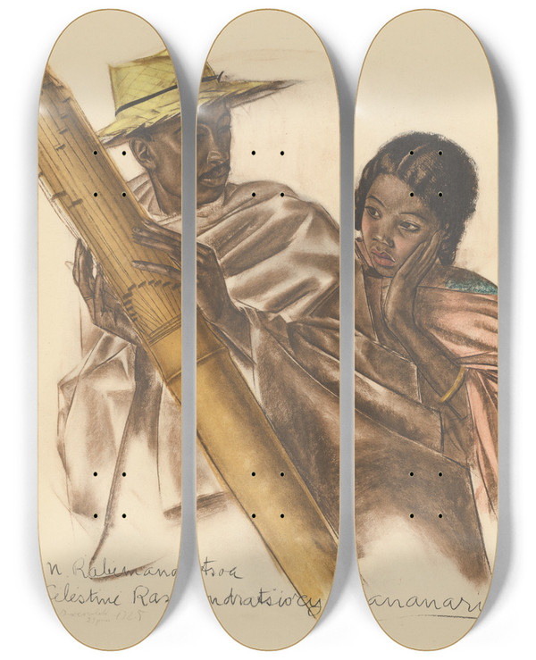 Triptych art skateboard deck of Alexandre Jacovleff Dessins Et Peintures Dafrique Pl 47 by Alexandre Jacovleff (1887-1938)