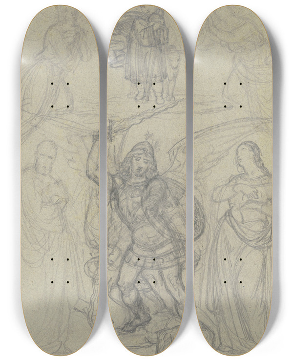 Triptych art skateboard deck of Ferdinand Fellner Das Jesuskind Mit Kreuz Und Dem Lamm Von Zwei Engeln Und Zwei Heiligen Verehrt Darunter Der Erzengel Michael Satan Strzend by Ferdinand Fellner (1799-1859)