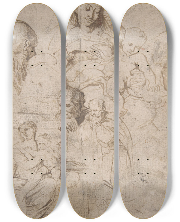 Triptych art skateboard deck of Anthony Van Dyck Sheet Of Studies by Anthony Van Dyck (1599-1641)