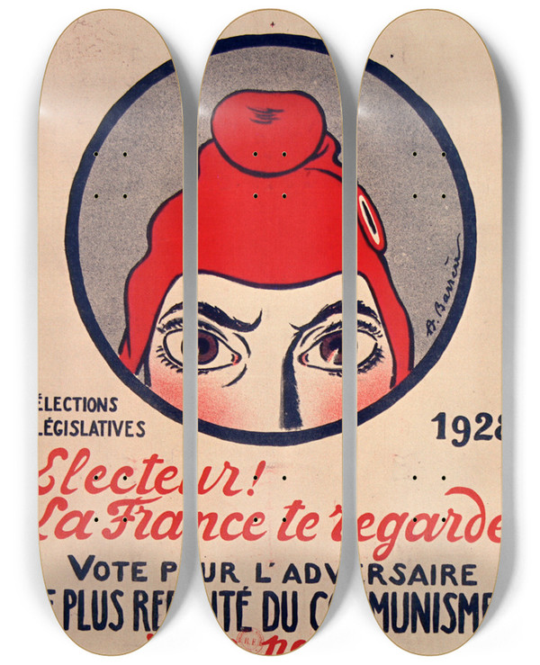 Triptych art skateboard deck of Adrien Barrre Electeur La France Te Regarde by Adrien Barrere (1874-1931)
