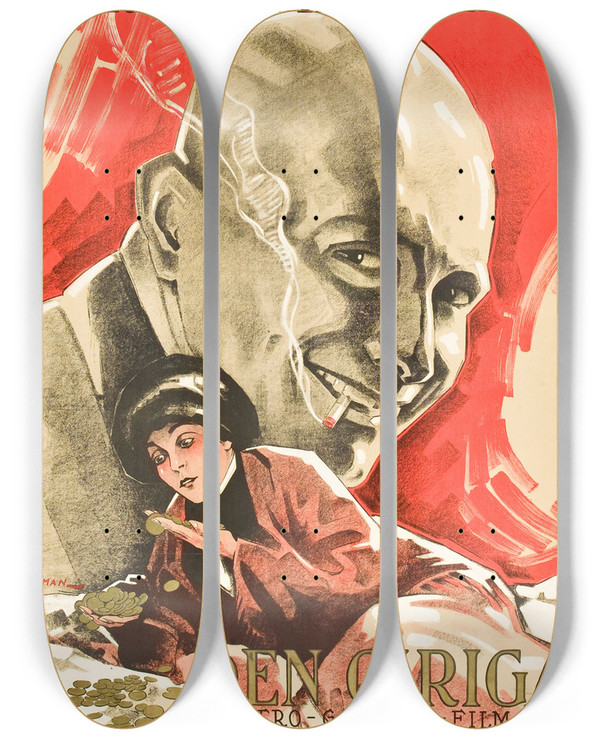 Triptych art skateboard deck of Eric Rohman Greed by Eric Rohman (1891-1949)