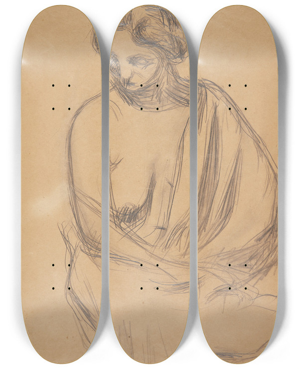 Triptych art skateboard deck of Harald Giersing Siddende Kvindelig Model_1 by Harald Giersing (1881-1927)