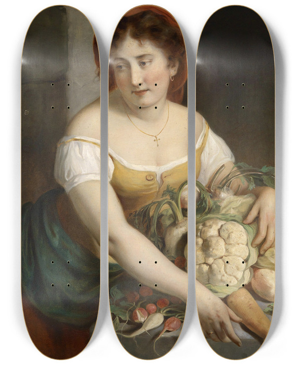 Triptych art skateboard deck of Eugen Felix Die Marktfrau by Eugen Felix (1837-1906)