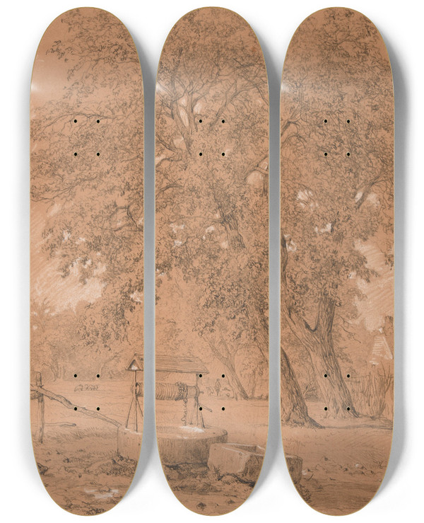 Triptych art skateboard deck of Jacquesraymond Brascassat Puits Avec Grands Arbres by Jacques Raymond Brascassat (1804-1867)