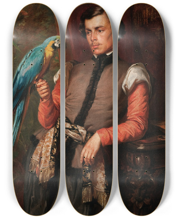 Triptych art skateboard deck of Jzef Simmler Nobleman With A Parrot by Jozef Simmler (1823-1868)