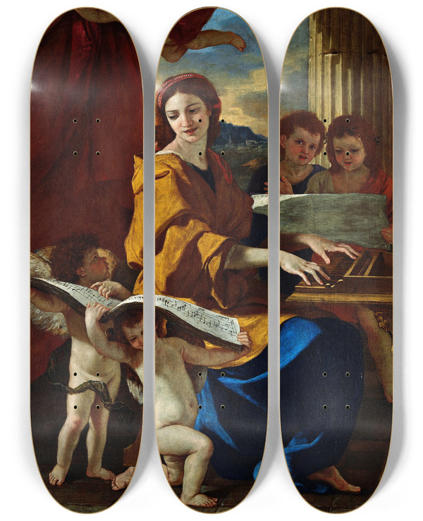 Triptych art skateboard deck of Nicolas Poussin St Cecilia by Nicolas Poussin (1594-1665)