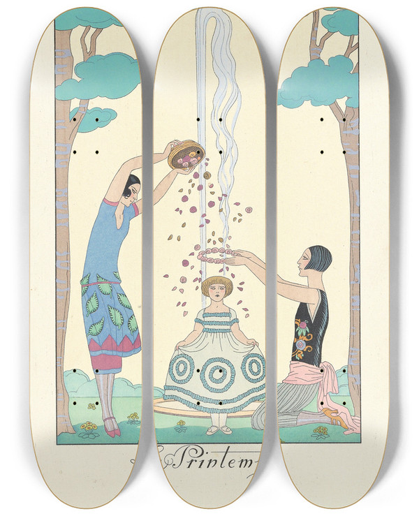 Triptych art skateboard deck of George Barbier Le Printemps Spring by George Barbier (1882-1932)