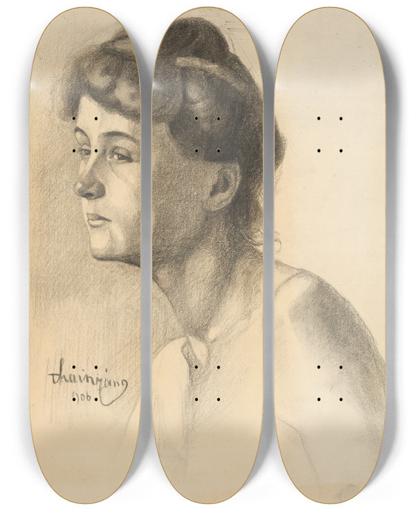 Triptych art skateboard deck of Jn Thain Portrt Eny by Jan Thain