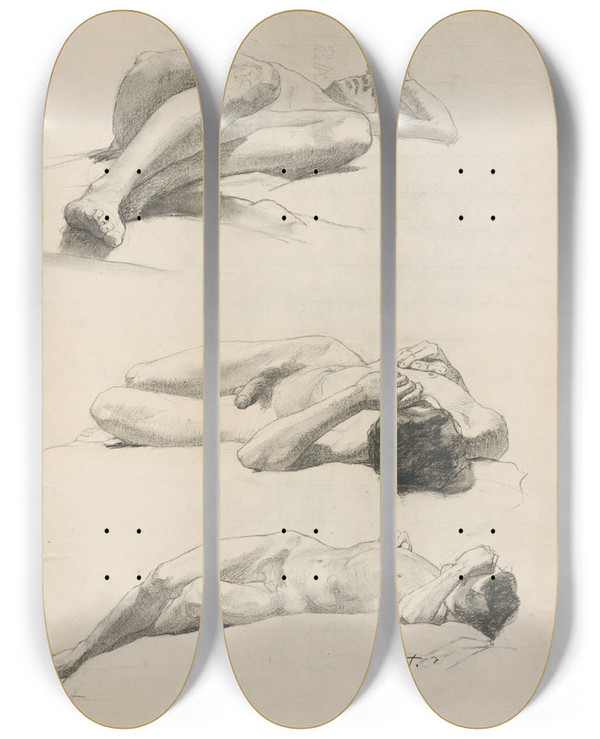 Triptych art skateboard deck of Jozef Hanula Study Of The Male Nude_2 by Jozef Hanula (1863-1944)