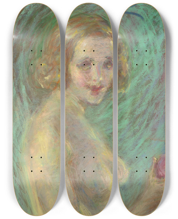 Triptych art skateboard deck of Alice Pike Barney Nude With Fruit by Alice Pike Barney (1857-1931)