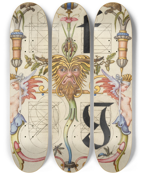 Triptych art skateboard deck of Joris Hoefnagel Guide For Constructing The Letters F And G by Joris Hoefnagel (1542-1600)