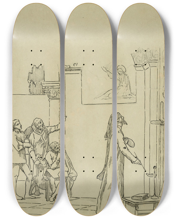 Triptych art skateboard deck of Pierre Puvis De Chavannes Study For Linspirationchretienne by Pierre Puvis De Chavannes (1824-1898)