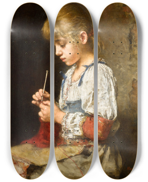 Triptych art skateboard deck of Alexei Harlamoff Girl Crocheting by Alexei Harlamoff (1840-1925)