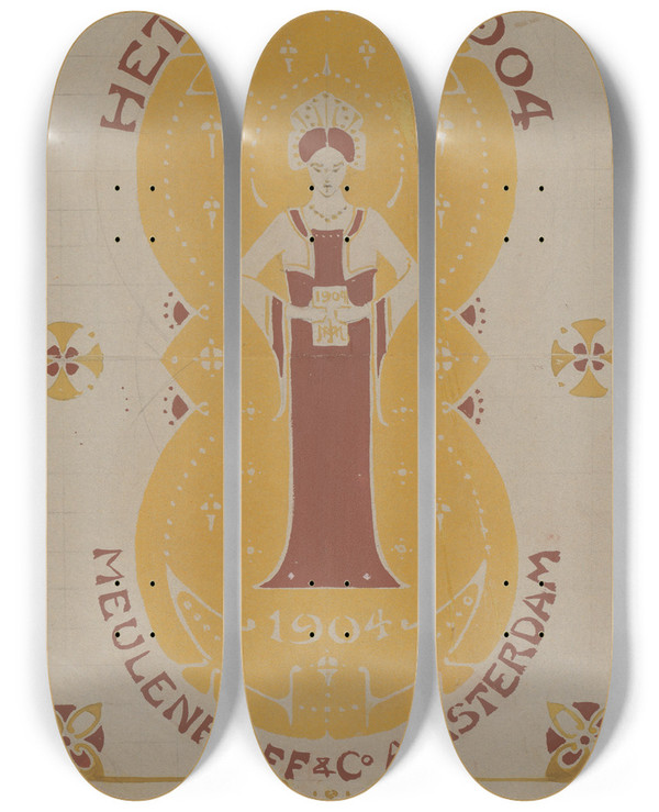 Triptych art skateboard deck of Reinier Willem Petrus De Vries Het Boek In 1904 by Reinier Willem Petrus De Vries (1874-1952)