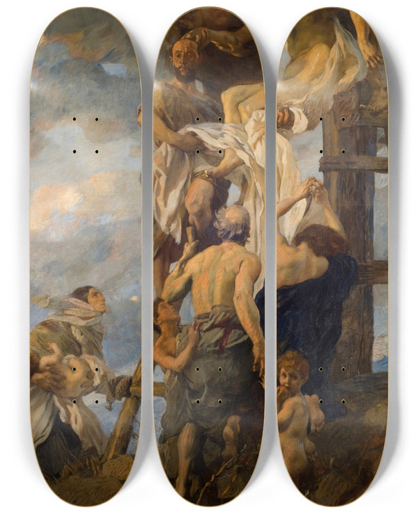 Triptych art skateboard deck of Ettore Tito Descent From The Cross by Ettore Tito (1859-1941)