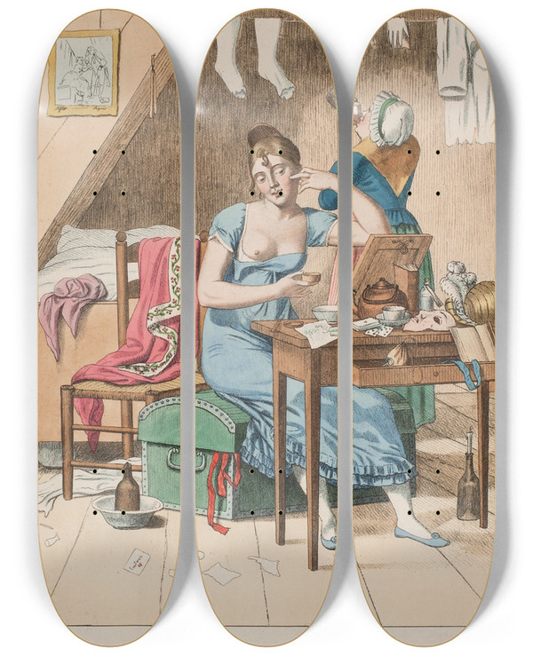 Triptych art skateboard deck of Gerhard Ludvig Lahde En Falden Piges Biografi Nr 3 by Gerhard Ludvig Lahde (1765-1833)