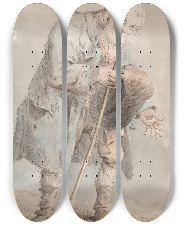 Triptych art skateboard deck of Elias Martin Old Man Begging by Elias Martin (1739-1818)