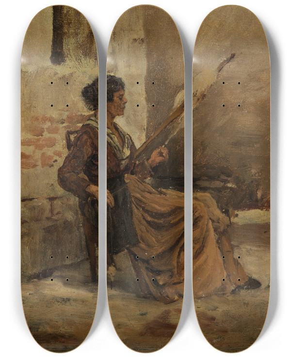 Triptych art skateboard deck of Gustav Schnleber Spinnerin In Chioggia by Gustav Schonleber (1851-1917)