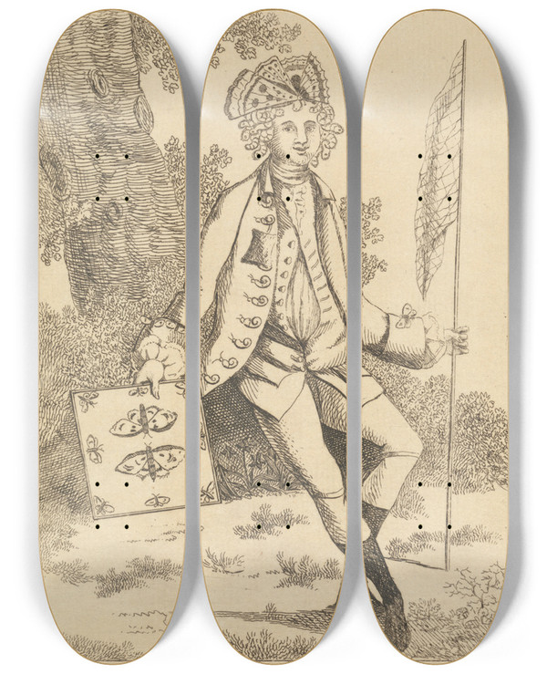 Triptych art skateboard deck of Mary Darly The Auretian Macaroni by Mary Darly (1756-1779)