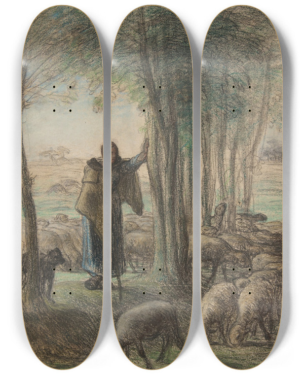 Triptych art skateboard deck of Jeanfranois Millet A Shepherdess And Her Flock In The Shade Of Trees by Jean-Franois Millet (1814-1875)