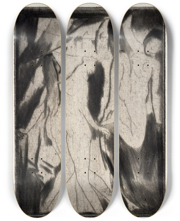 Triptych art skateboard deck of Arthur Bowen Davies Ecstasy by Arthur Bowen Davies (1862-1928)