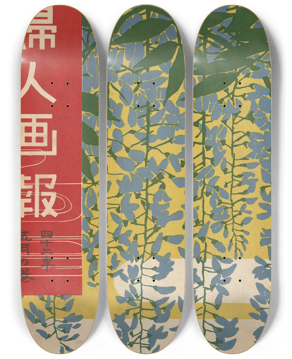 Triptych art skateboard deck of Ishikawa Toraji The Ladys Graphic May 1909 by Ishikawa Toraji