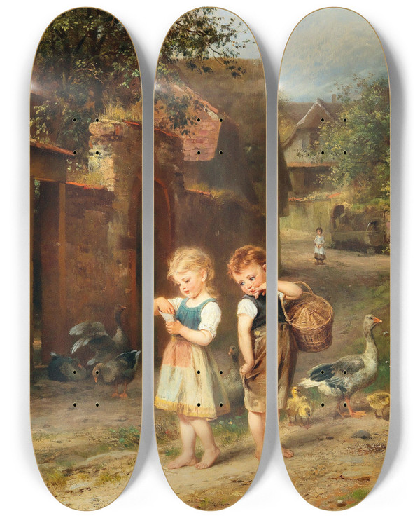 Triptych art skateboard deck of Anton Dieffenbach Feeding The Ducks by Anton Dieffenbach (1831-1914)
