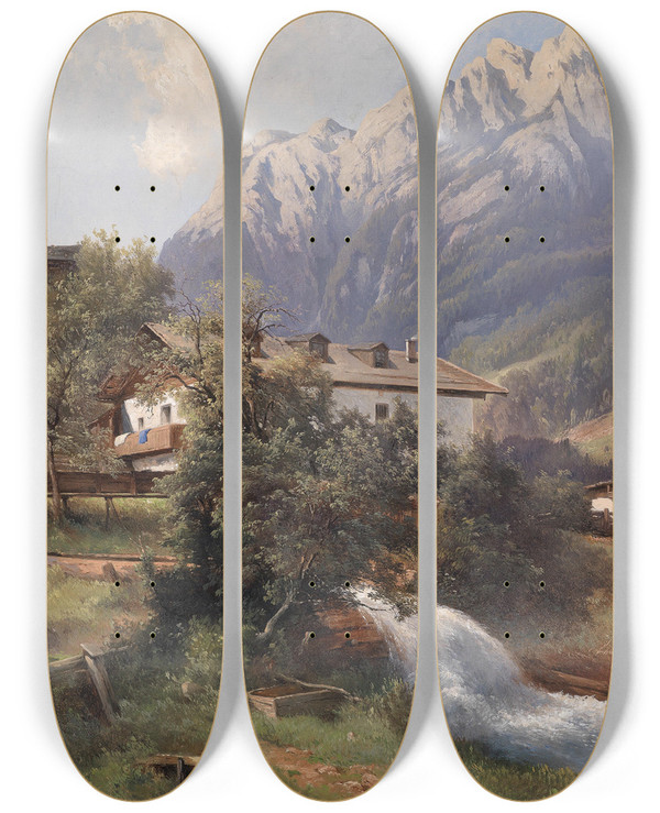 Triptych art skateboard deck of Carl Franz Emanuel Haunold Motiv Aus Werfen by Carl Franz Emanuel Haunold (1832-1911)