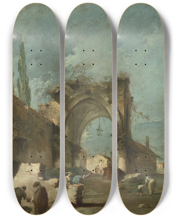 Triptych art skateboard deck of Francesco Guardi A Capriccio Of Buildings With Figures By A Ruined Arch by Francesco Guardi (1712-1793)