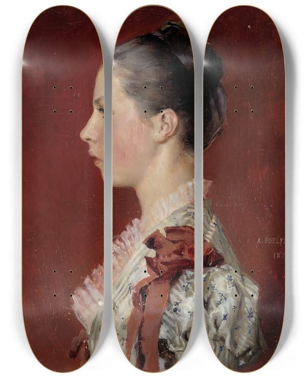 Triptych art skateboard deck of Albert Edelfelt Portrait Of The Artists Sister Annie Edelfelt by Albert Edelfelt (1854-1905)