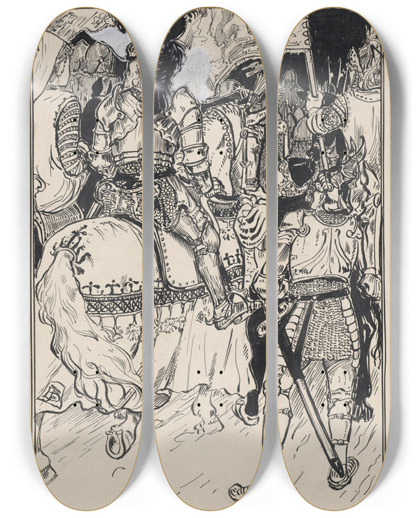 Triptych art skateboard deck of Jacob Pieter Van Den Bosch Koning Lear Cordelia En Hun Leger by Jacob Pieter van den Bosch (1868-1948)
