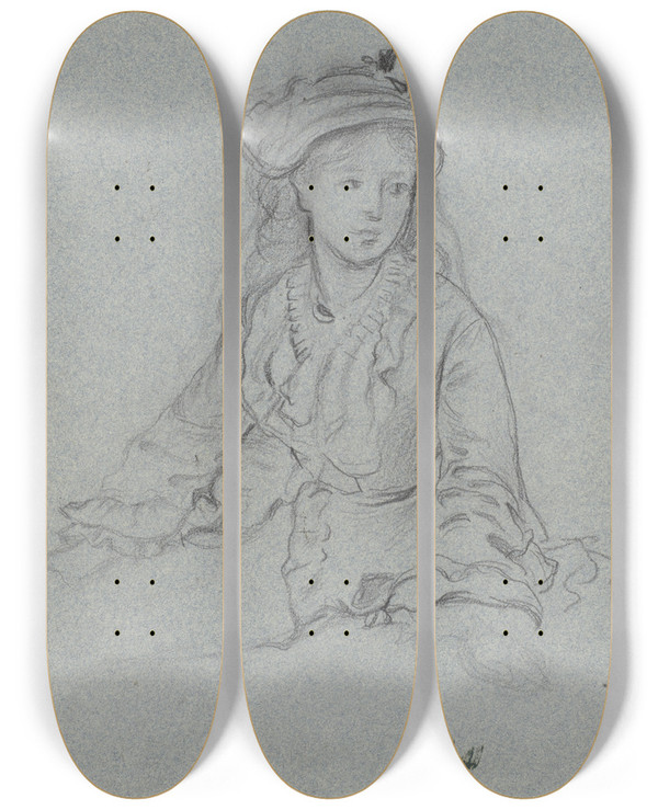 Triptych art skateboard deck of Otto Scholderer Luise Scholderer In Rschenjacke Und Mit Hut Halbfigur Sitzend by Otto Scholderer (1834-1902)