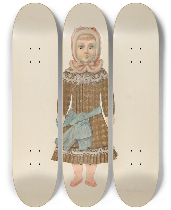 Triptych art skateboard deck of Beverly Chichester Paper Doll by Beverly Chichester (20-)