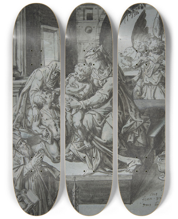 Triptych art skateboard deck of Francesco Pinna The Virgin And Child With The Infant Baptist Saint Elizabeth A Kneeling Prelate And Three Attendant Angels by Francesco Pinna (1595-1632)