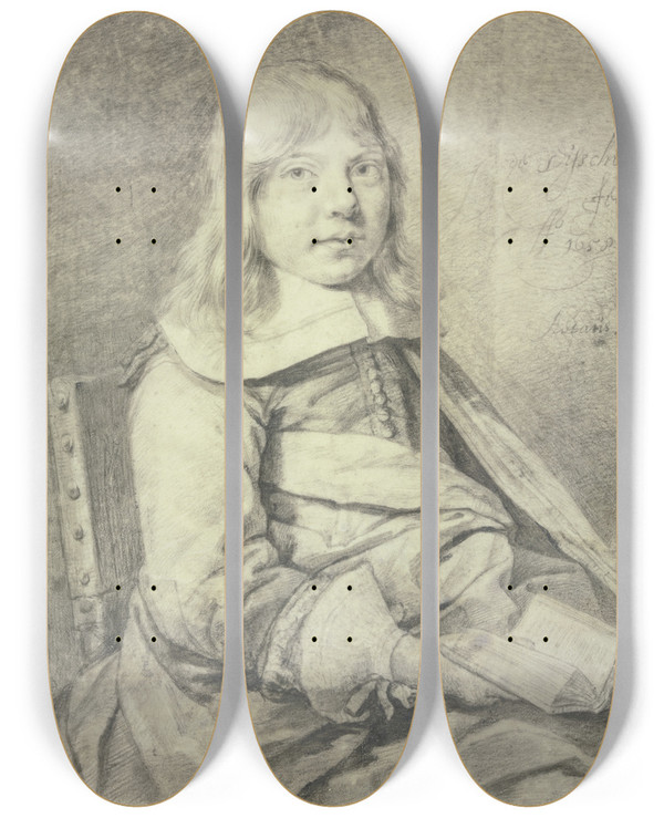 Triptych art skateboard deck of Cornelis Visscher Portrait Of A Boy by Cornelis Visscher (1629-1658)