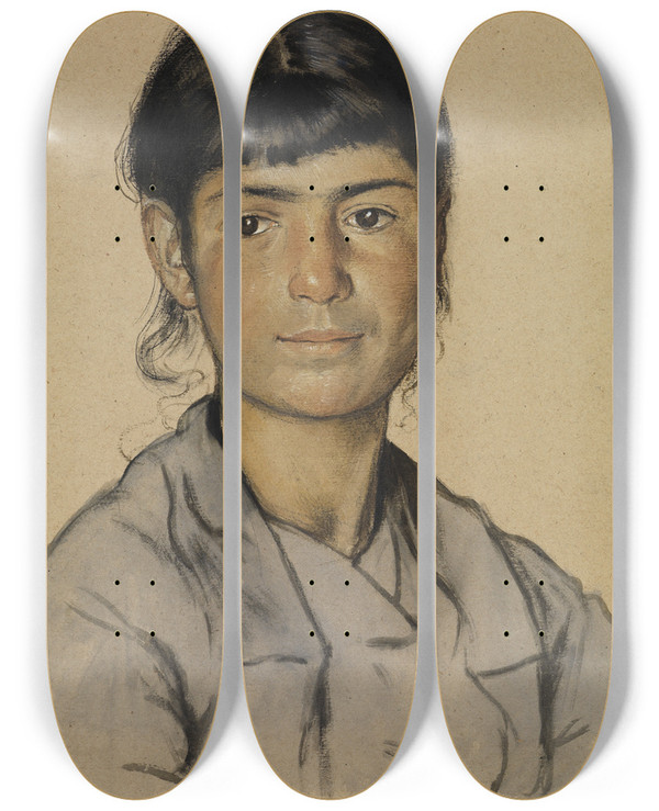 Triptych art skateboard deck of Hans Thoma Portrait Of A Young Neapolitan Woman by Hans Thoma (1839-1924)