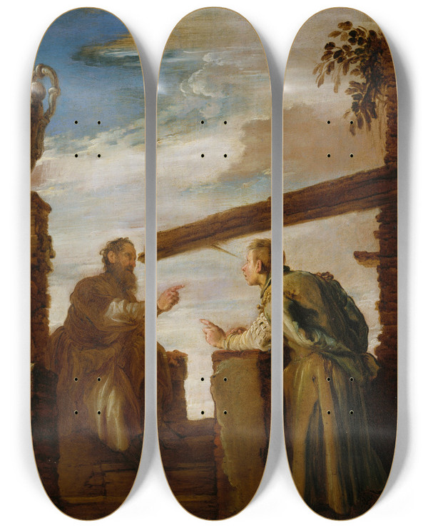 Triptych art skateboard deck of Domenico Fetti The Parable Of The Mote And The Beam by Domenico Fetti (1589-1623)