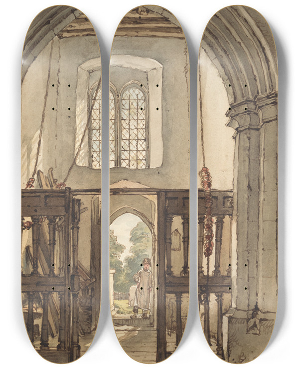 Triptych art skateboard deck of William Henry Hunt Interior Of The Belfry Bushey Church by William Henry Hunt (1790-1864)