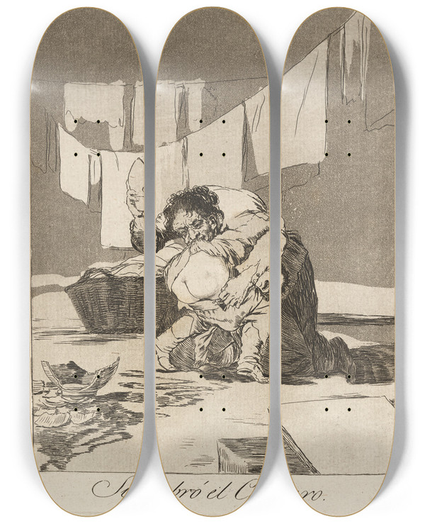 Triptych art skateboard deck of Francisco De Goya Si Quebr El Cantaro Yes He Broke The Pot by Francisco de Goya (1746-1828)
