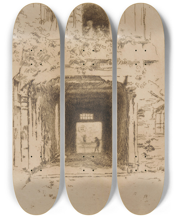 Triptych art skateboard deck of James Abbott Mcneill Whistler Doorway And Vine by James Abbott Mcneill Whistler (1834-1903)
