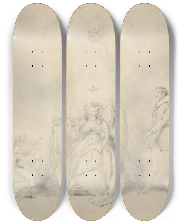 Triptych art skateboard deck of George Henry Harlow Queen Katherines Dream by George Henry Harlow (1787-1819)