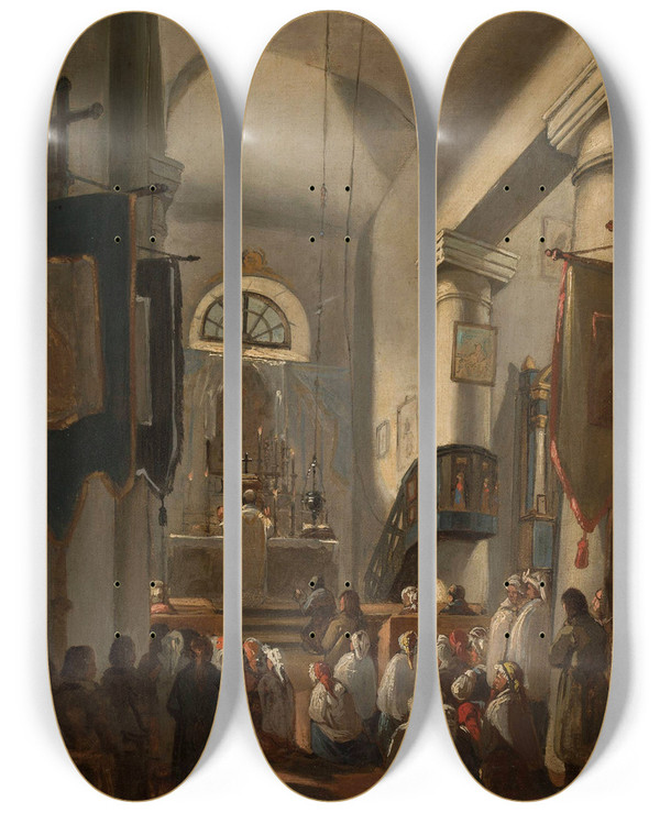 Triptych art skateboard deck of Ignacy Gierdziejewski Church Interior With Staffage by Ignacy Gierdziejewski (1826-1860)