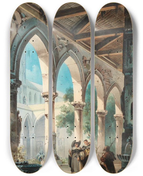 Triptych art skateboard deck of Friedrich Perlberg Mnche Im Kreuzgang by Friedrich Perlberg (1848-1921)
