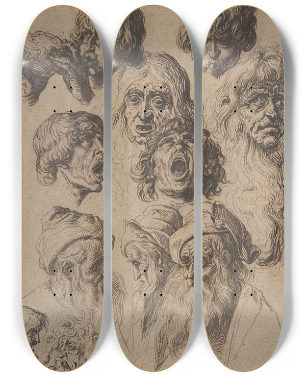 Triptych art skateboard deck of Jacob De Gheyn Ii Study Of Eleven Heads by Jacob de Gheyn II (1565-1629)