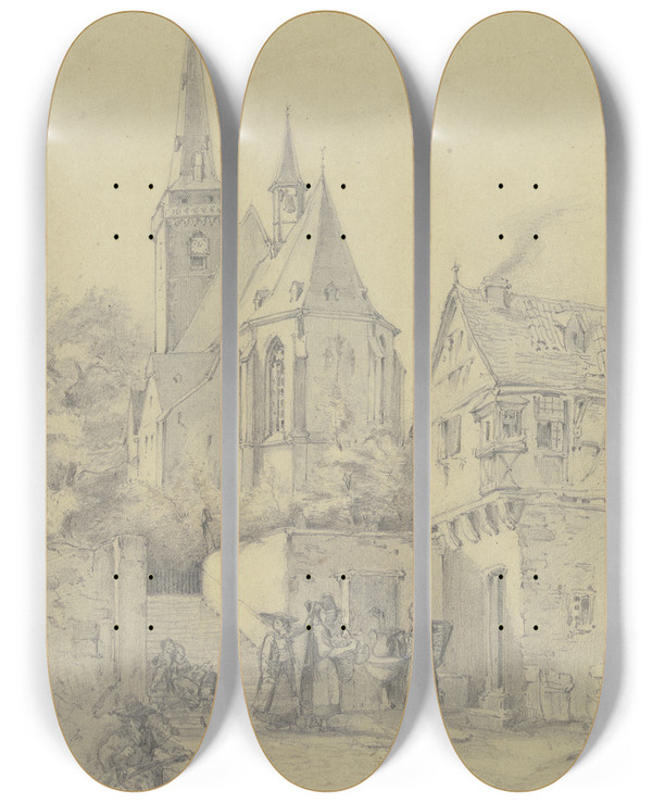 Triptych art skateboard deck of Johann Friedrich Hoff St Ursula In Oberursel_1 by Johann Friedrich Hoff (1832-1913)