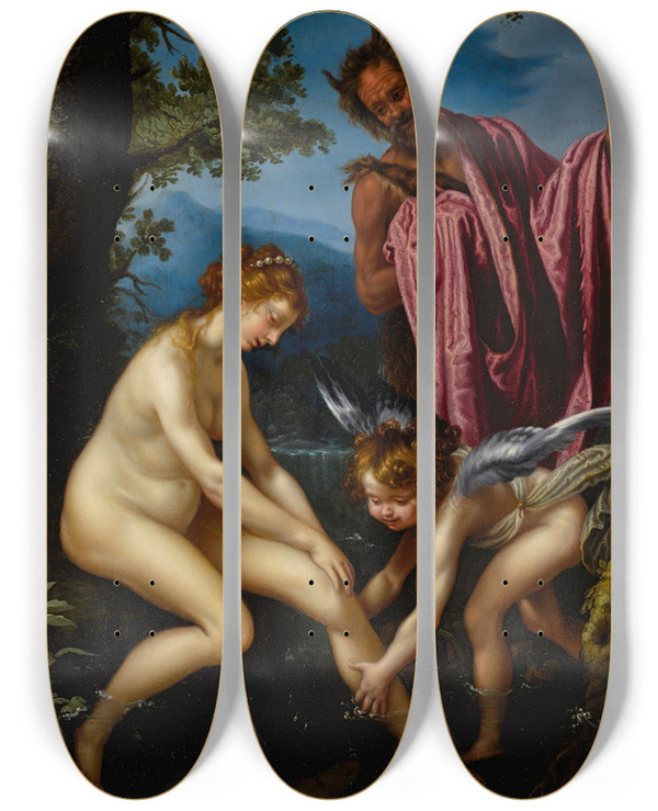 Triptych art skateboard deck of Giovanni Biliverti Venus Cupid And Pan by Giovanni Biliverti (1585-1644)